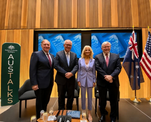 Scott Morrison with U.S. and Australian leaders discussing international market expansion